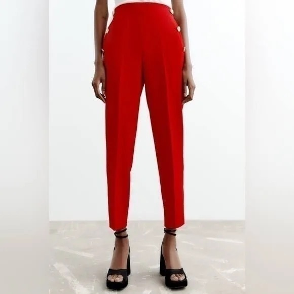 Zara Red Straight Leg Gold Button Detail High Waisted Pants Size Small - Picture 16 of 16